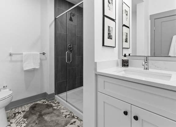 A bathroom with a white toilet, a white sink, a black and white rug, and a black shower stall.