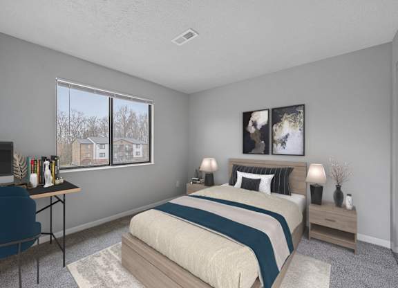 A bedroom with a bed, nightstand, and chair at The Reserve at Grand Valley Apartments, Milford