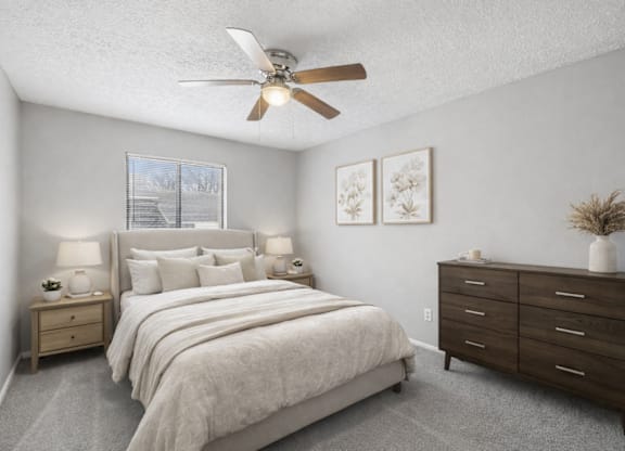 Large bed in bedroom at Timbercreek Apts, Columbus Ohio