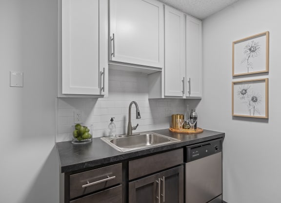 Kitchen with white cabinets and a stainless steel sink  at Timber Glen Apartments, Batavia