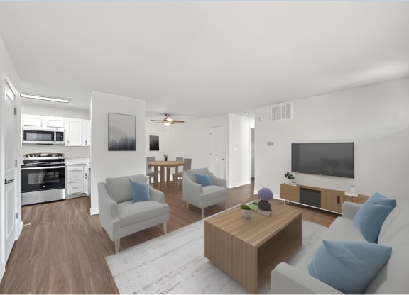 a rendering of a living room and kitchen in an apartment