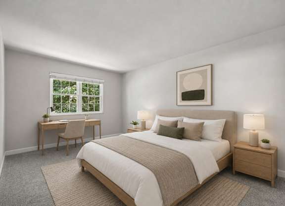 A bedroom with a large bed and a desk with a chair.