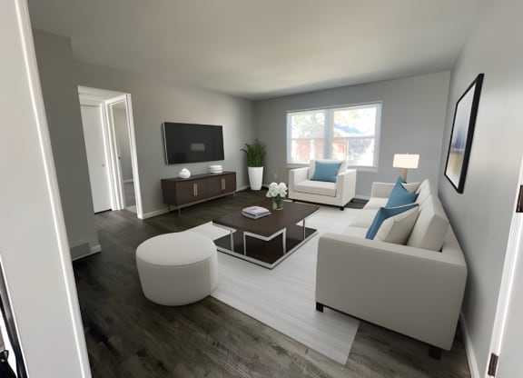 a rendering of a living room with white furniture and a tv