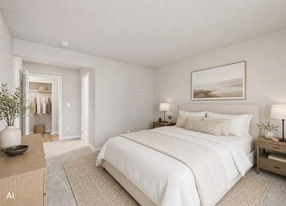 A bedroom with a large bed, a nightstand, and a plant on the dresser.