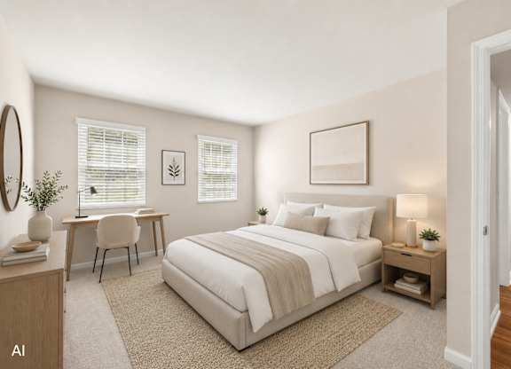 A bedroom with a bed, desk, and chair.