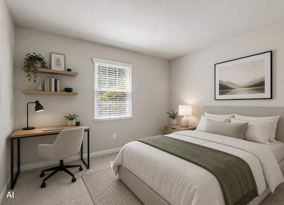 A bedroom with a bed, desk, and chair.