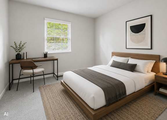 A bedroom with a large bed, a desk with a chair, and a window with blinds.