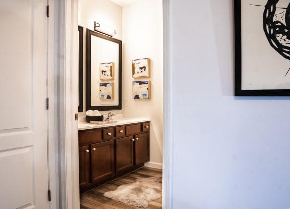 a bathroom with a sink and mirror in a 555 waverly unit at Waterstone Landing, Perrysburg, OH, 43551