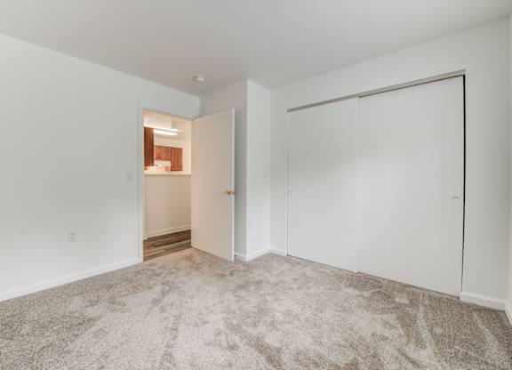 a bedroom with white walls and carpet and a closet