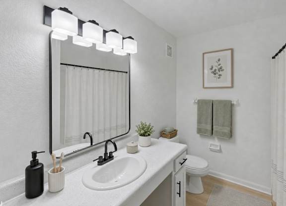 A bathroom with a white sink and a mirror above it.