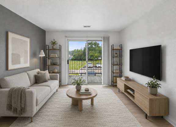 A living room with a grey couch, a coffee table, a flat screen TV, and a large window.