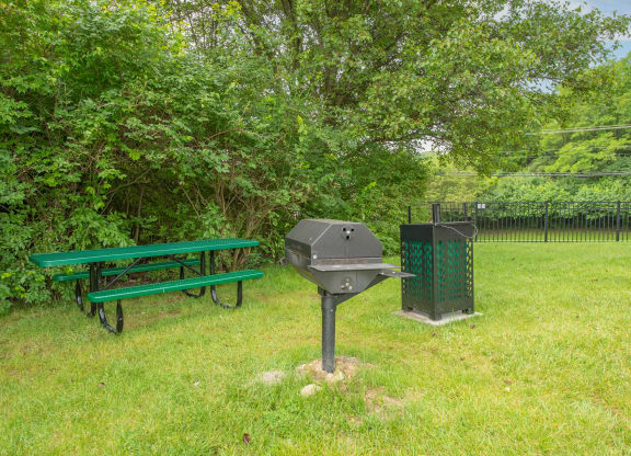 a picnic table and a grill in a park at The Woodridge Collection, Fairfield, OH 45014