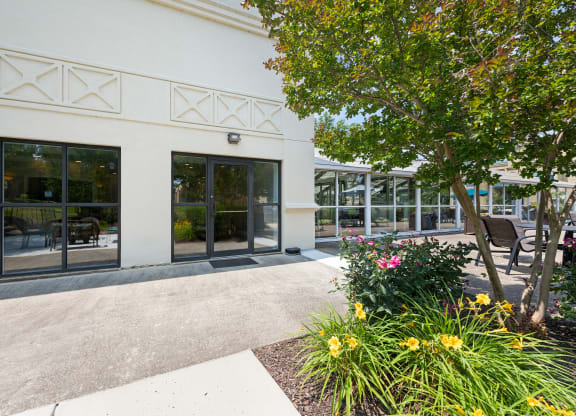 a sidewalk in front of a white building with glass doors
