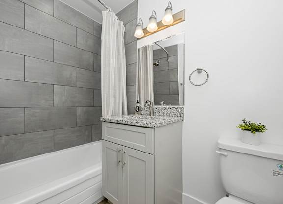 a bathroom with a sink and a toilet and a bath tub at Gainsborough Court Apartments, Virginia, 22030