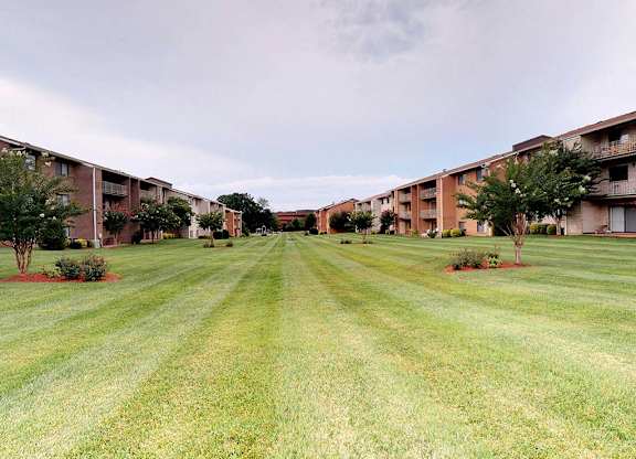 A grassy area in front of apartment buildings at Gainsborough Court Apartments, Fairfax, VA