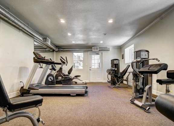 A spacious home gym with a variety of exercise equipment.