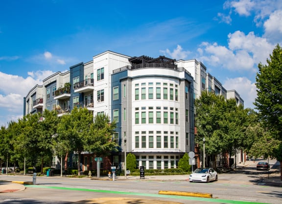 a building on the corner of a city street