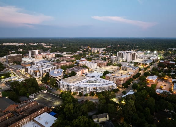 an aerial view of the city at night