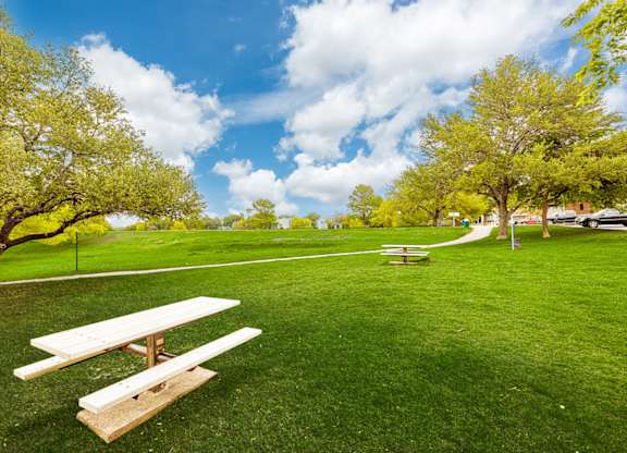 A picnic table sits on a grassy field with trees in the background.