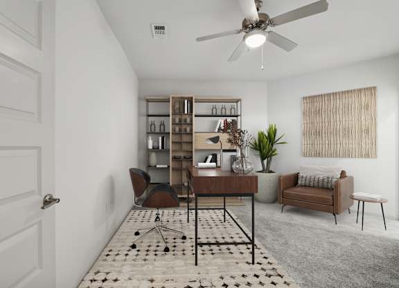 A room with a white door, a fan, a table with a plant, a couch, and a shelf with bottles.