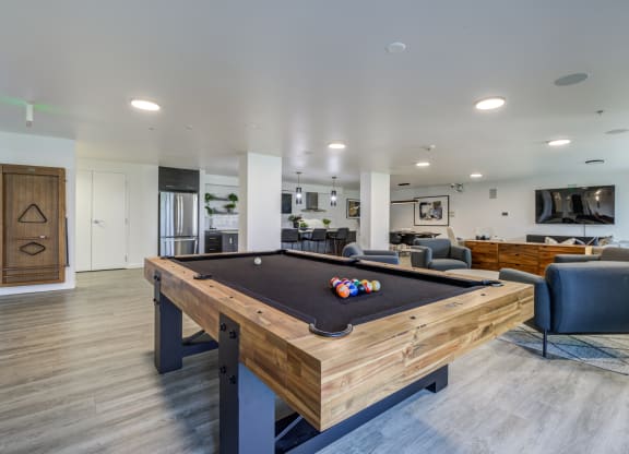 a pool table in a clubhouse with a tv in a living room