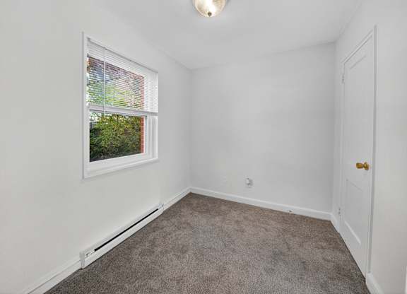 A room with a window and a carpeted floor.
