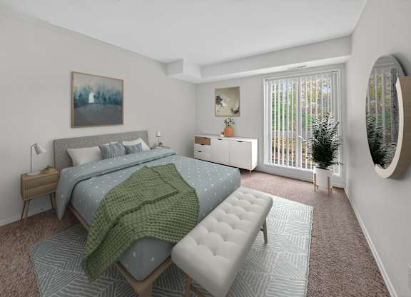 A bedroom with a bed, a bench, and a painting on the wall.
