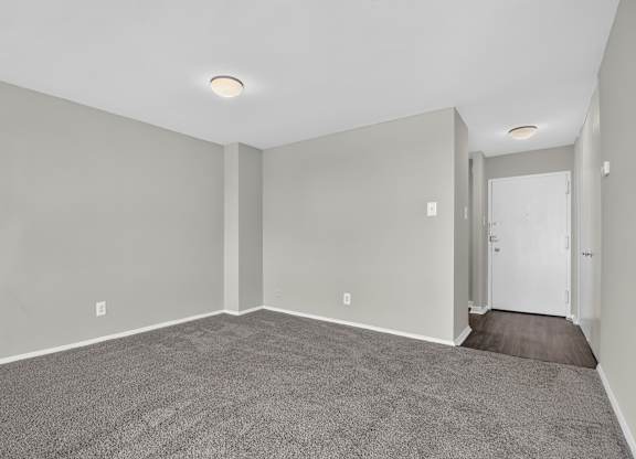 A room with a carpeted floor and a white door.