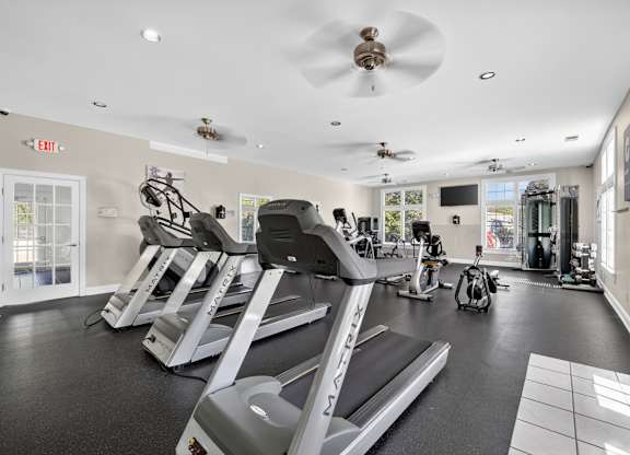 A gym with treadmills, elliptical machines, and a fan.