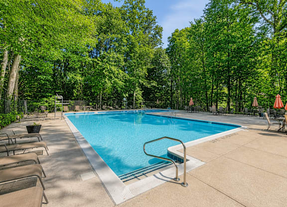 A pool surrounded by trees and lounge chairs.