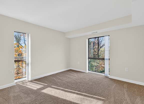 A room with a carpeted floor and two windows.