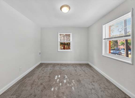 A room with a grey carpet and a picture frame on the wall.