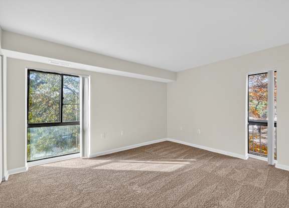 A room with carpeted floor and two windows.