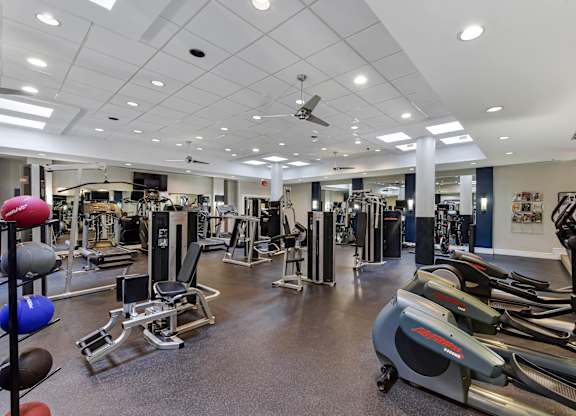 A gym with a variety of exercise equipment.