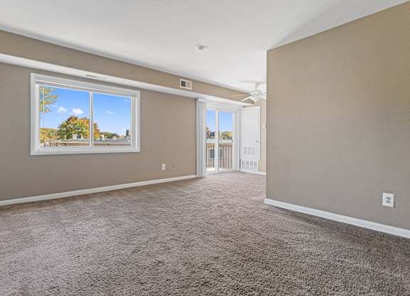 A room with a carpeted floor and a large window showing a tree and sky.
