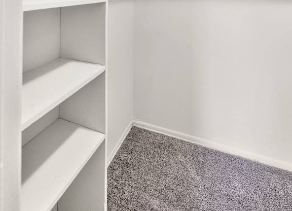 A white closet with shelves and a carpeted floor.