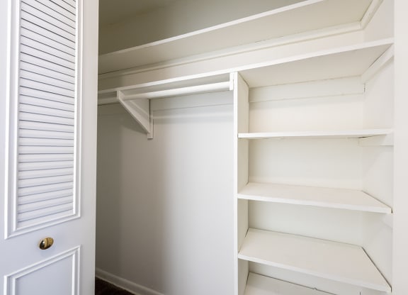 a closet with empty shelves and a door