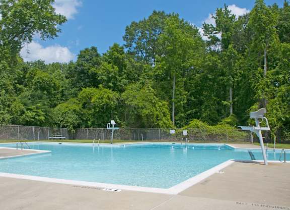 A large swimming pool surrounded by a fence and trees.