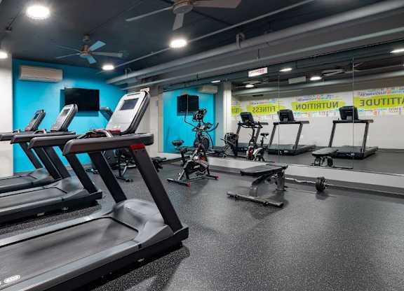 A gym with treadmills and exercise bikes.