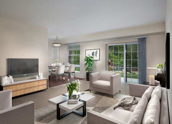 a rendering of a living room with a couch and a television