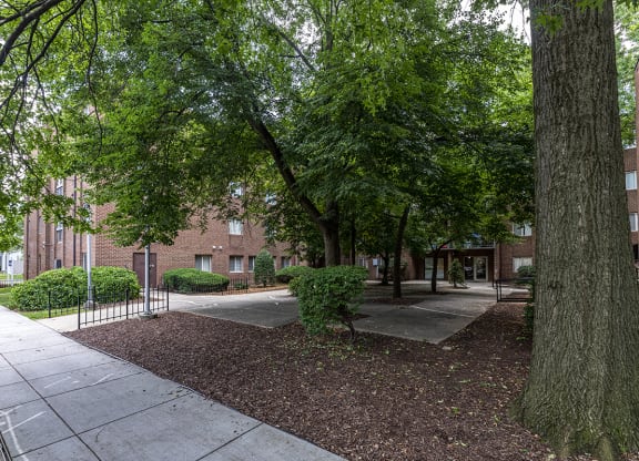 a sidewalk and trees in front of a brick building