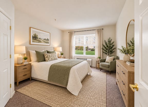 A bedroom with a large bed, a chair, and a painting on the wall at River Point Apartments, Essex