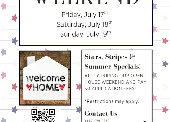 A poster advertises an Open House Weekend at Aspen at Lake Trail, featuring special summer specials.