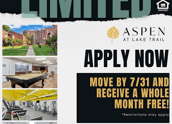 A poster advertising a limited time offer for Aspen at Lake Trail, including a free month if you move by a certain date.