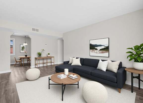 Spacious living room with modern furnishings at Highland Ridge Apartments, Maryland, 20743