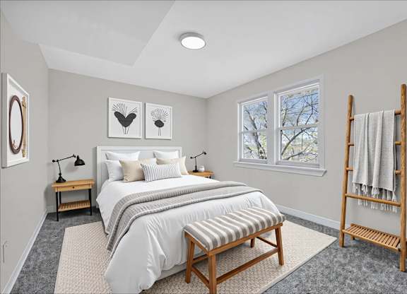 Cozy bedroom with striped bench and ladder shelf at Highland Ridge Apartments, Capitol Heights, MD 20743