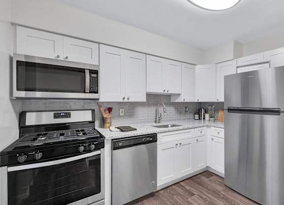 Modern Kitchen With Stainless Steel Appliances And Double Door Refrigerators at Aspen at Lake Trail, Maryland