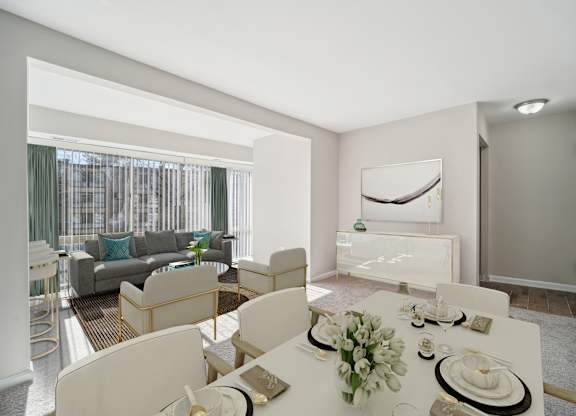 A dining room with a table set for a meal.