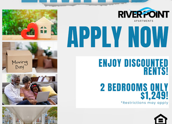 A flyer for River Point Apartments advertising a time offer for discounted rent on a 2 bedroom apartment.