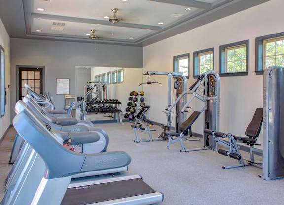 the gym is equipped with cardio equipment and weights at Century Lakeshore Crossings, Alabama